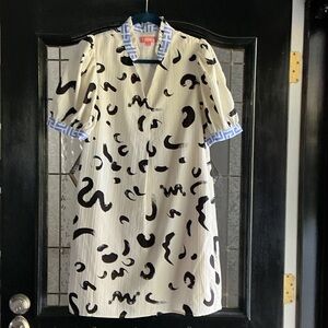 THML Cream Mini Dress with Black Brush Print and Blue Geometric Trim